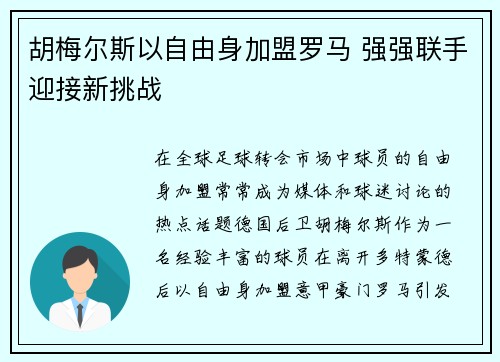 胡梅尔斯以自由身加盟罗马 强强联手迎接新挑战